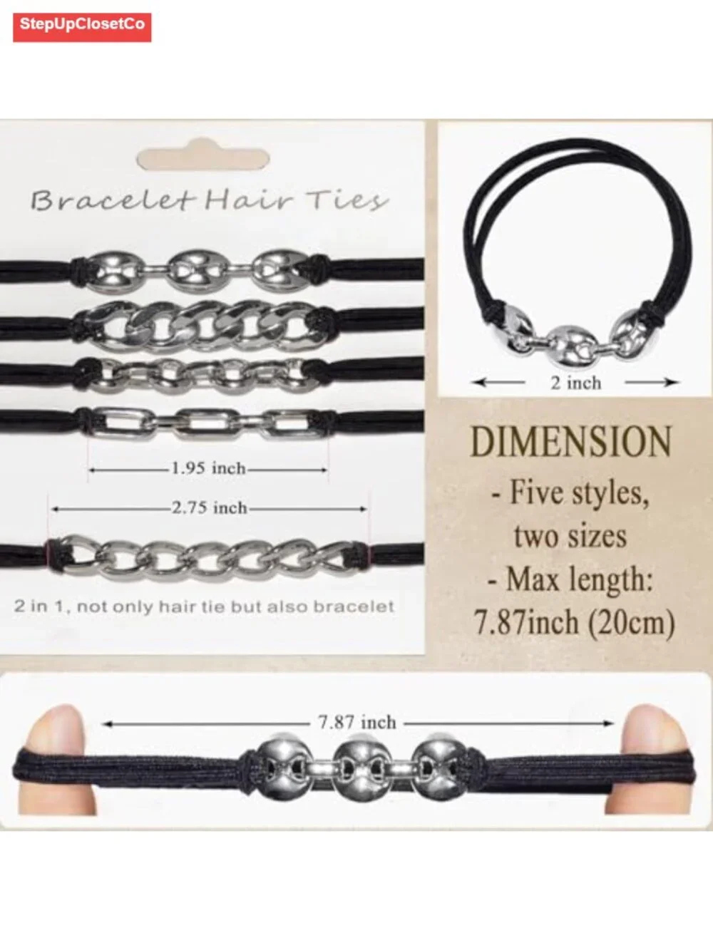 5 Pack Gold and Silver Bracelet Hair Ties for Women Ponytail Holders with Charms